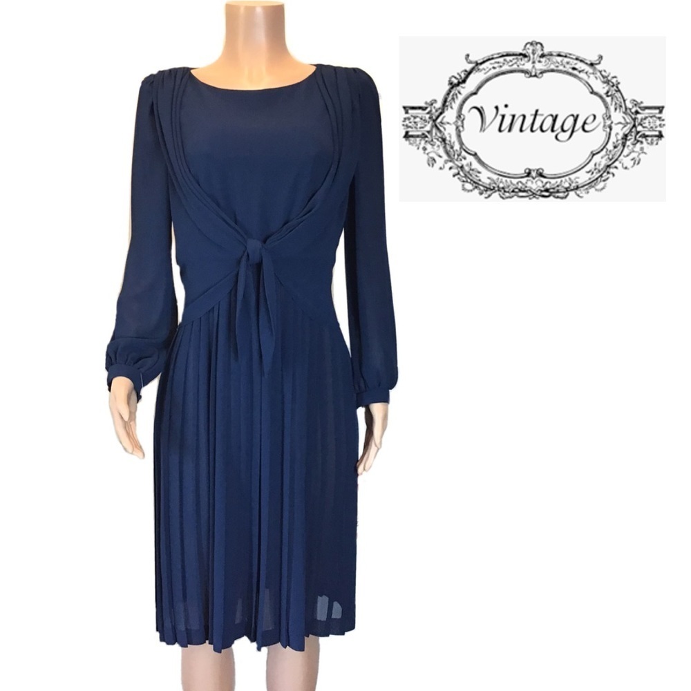 Emily Taylor Vintage Womens Blue Long Sleeve Chiffon Tie Front Popover Dress